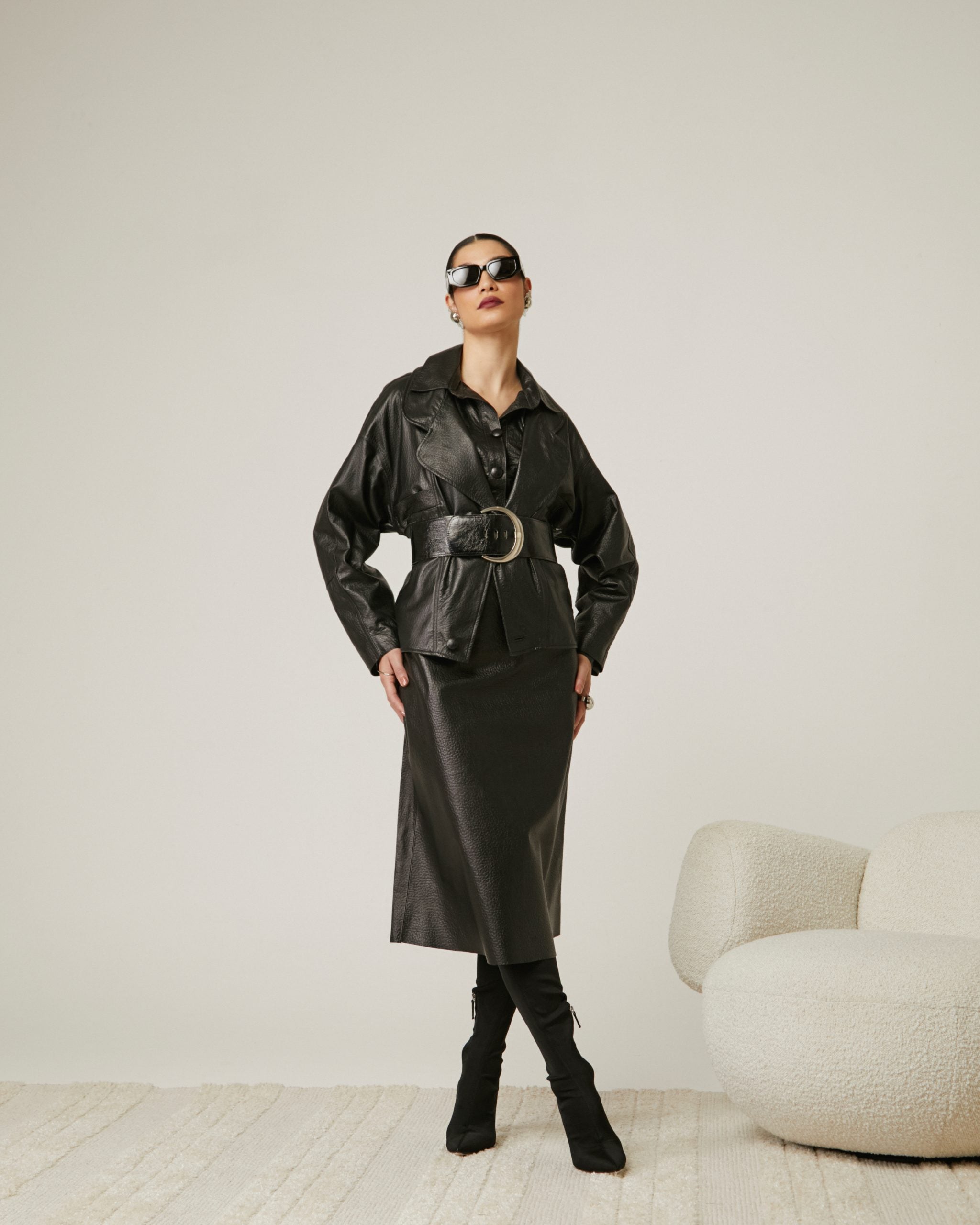 Saia Olga Couro Croco Preta Ammis Moda