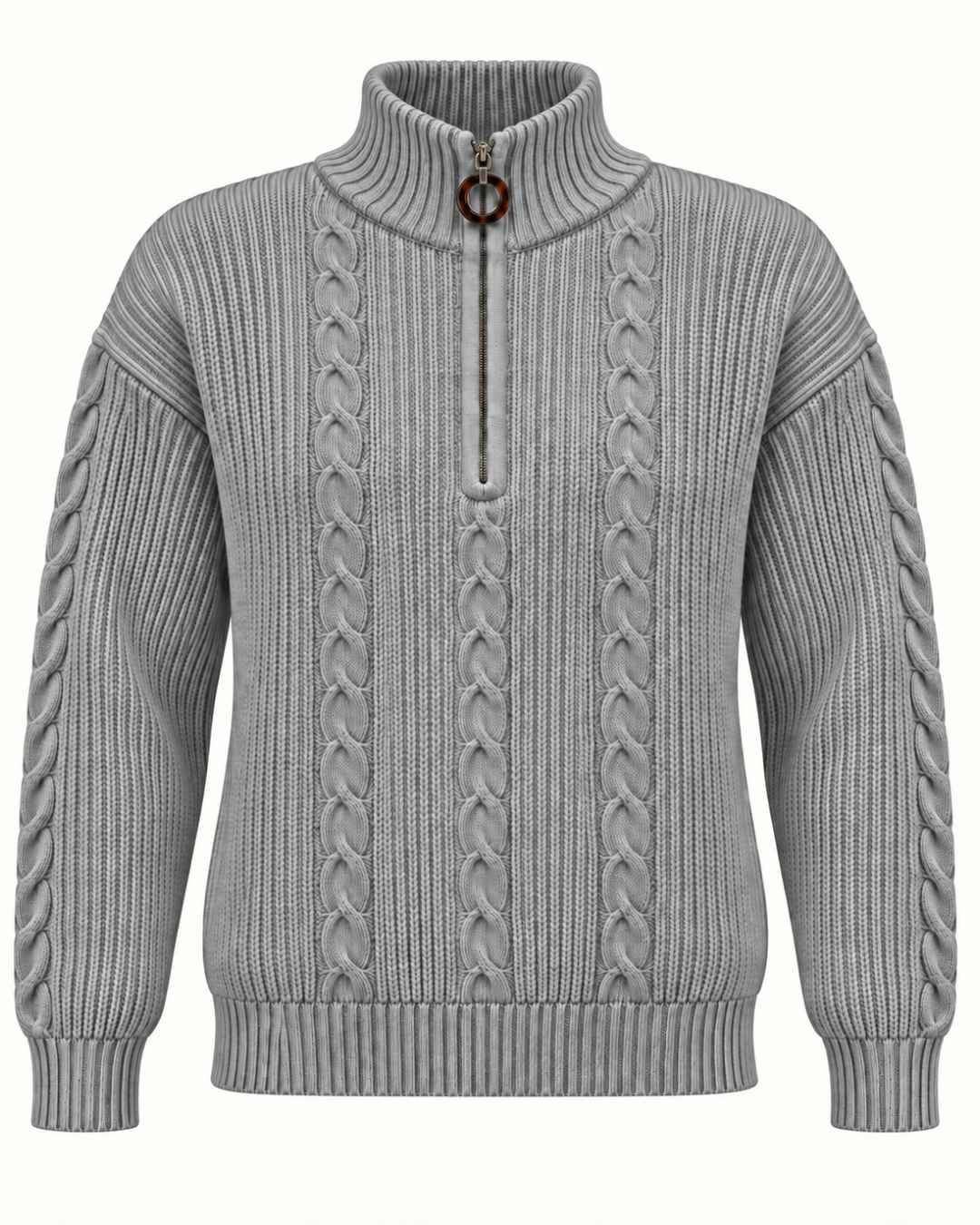 Blusa feminina de tricô texturizado com gola alta, zíper e detalhes trançados