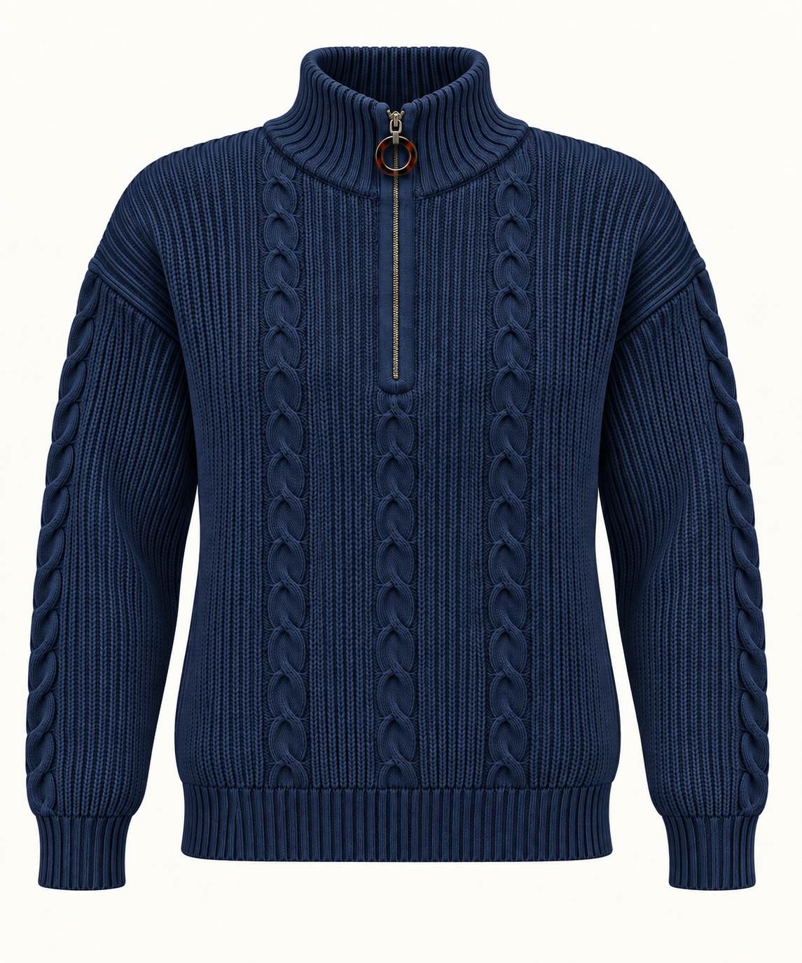 Blusa feminina de tricô texturizado com gola alta, zíper e detalhes trançados