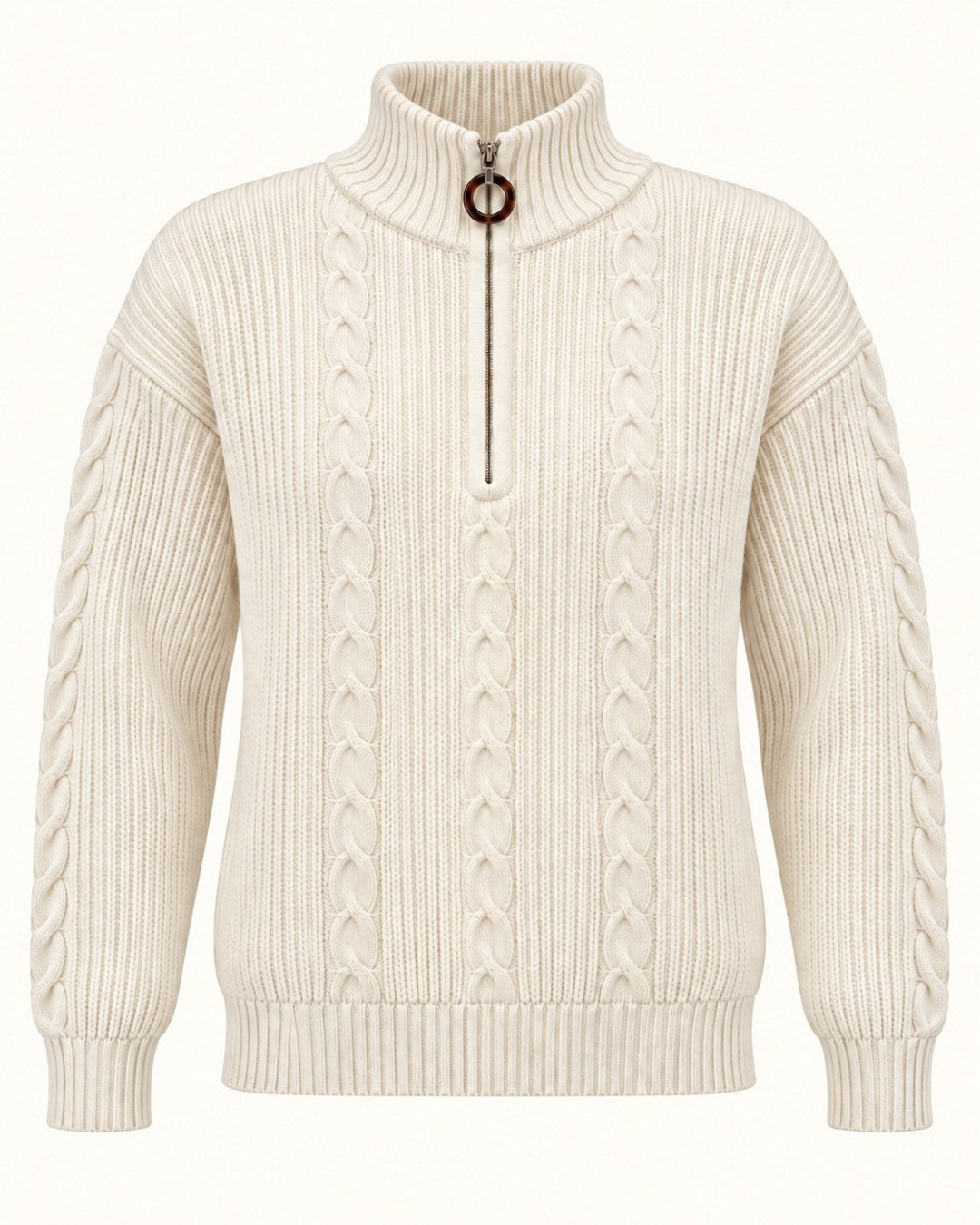 Blusa feminina de tricô texturizado com gola alta, zíper e detalhes trançados