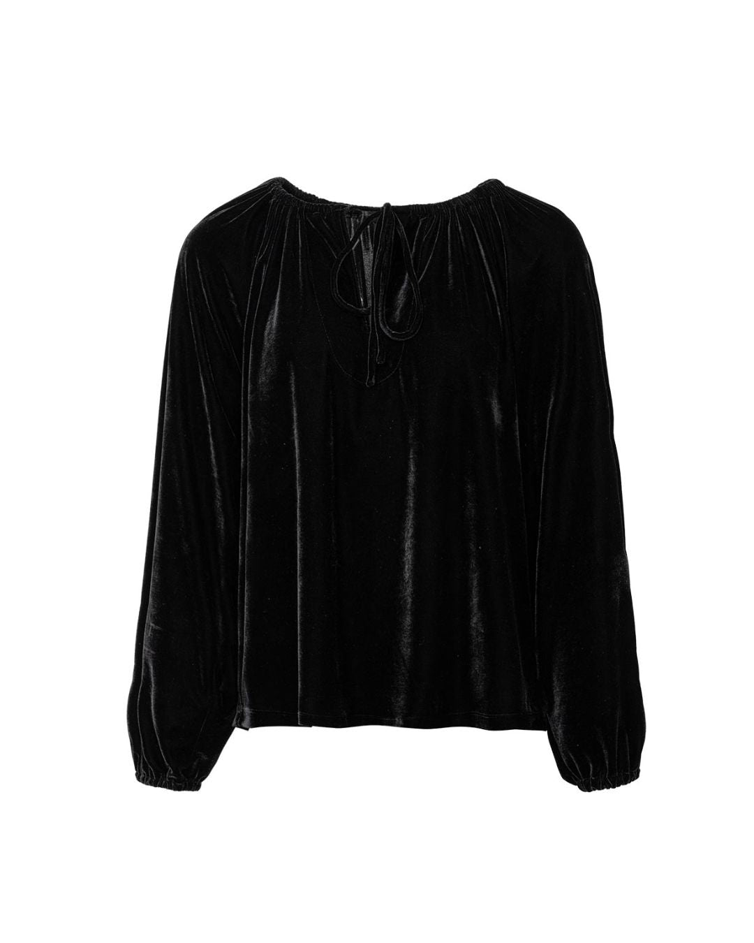 Blusa feminina preta de veludo com mangas longas e decote ajustável AMMIS