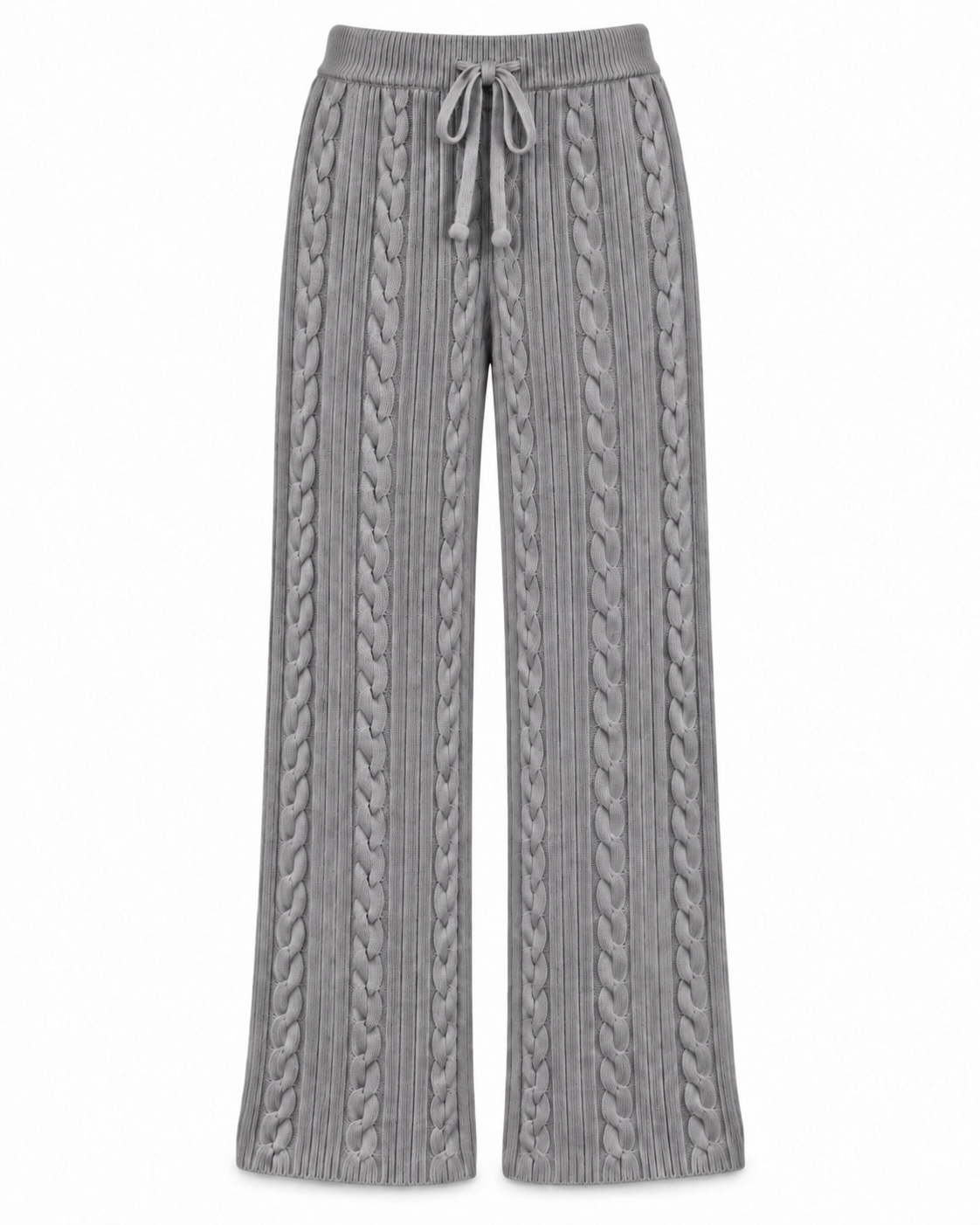 Calça feminina de tricô texturizado com detalhes trançados e modelagem ampla
