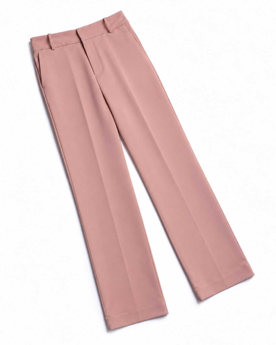 Calça feminina reta de alfaiataria rosa com cós e caimento estruturado