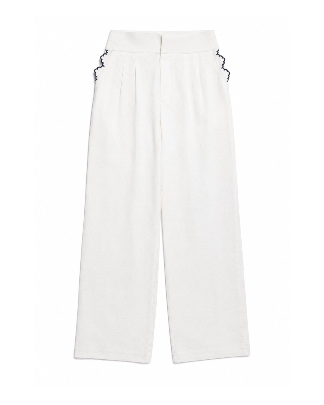 Calça pantalona feminina 100% linho com bordado lateral em contraste AMMIS
