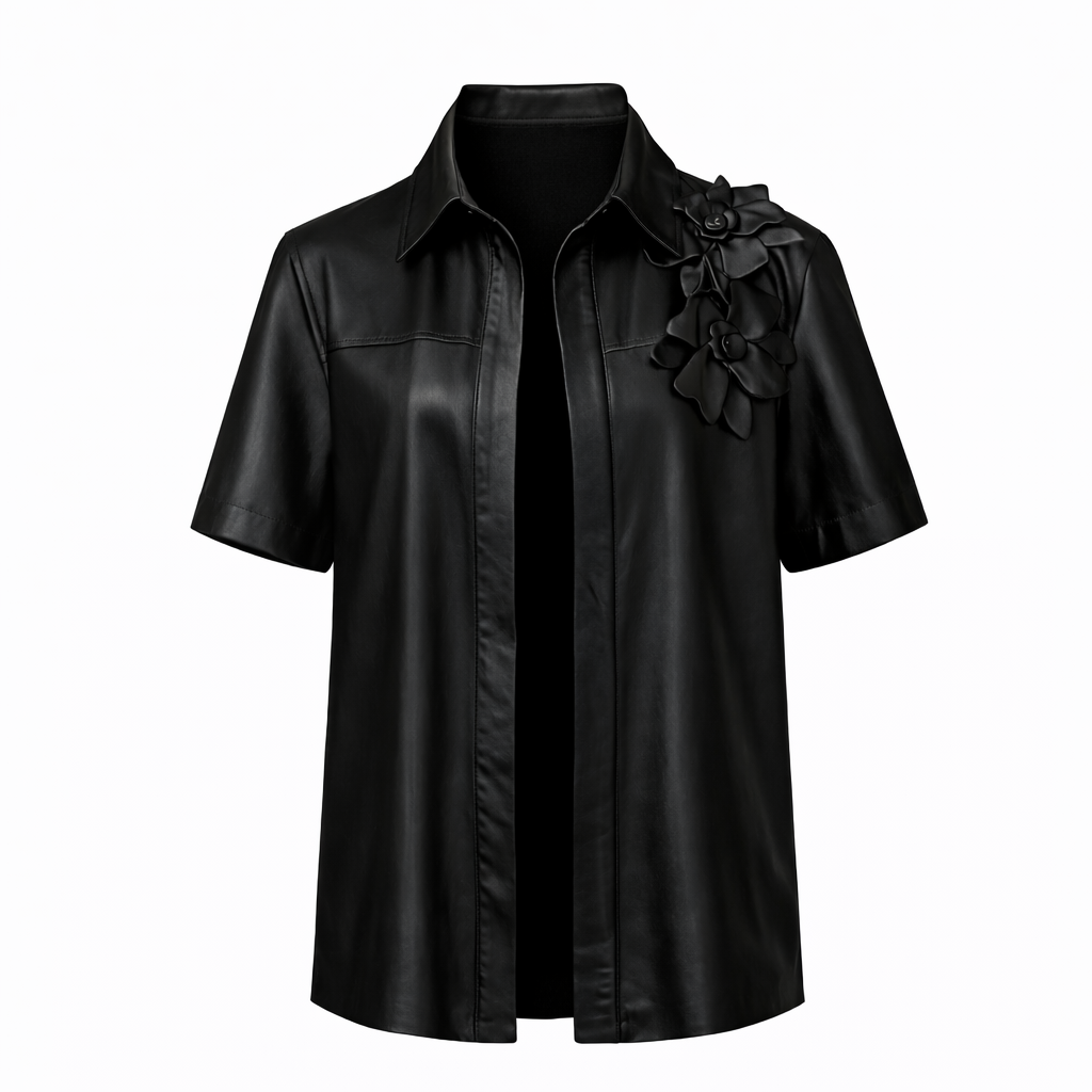 Camisa preta em couro de cabra com mangas curtas e aplicações de flores AMMIS