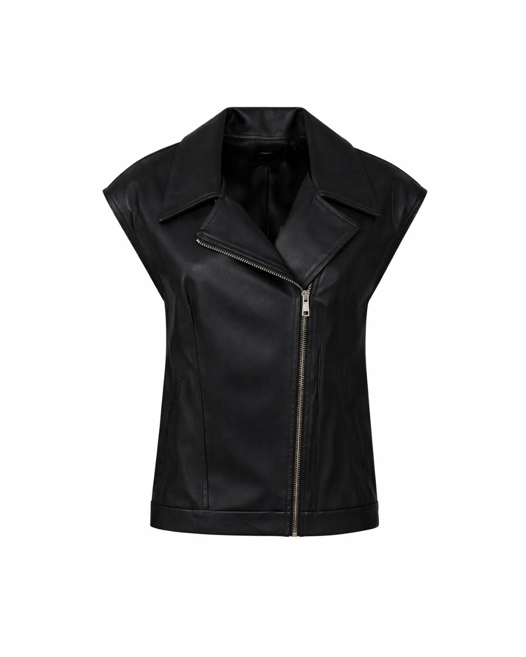 Colete feminino preto em couro de cabra oversized com cinto AMMIS