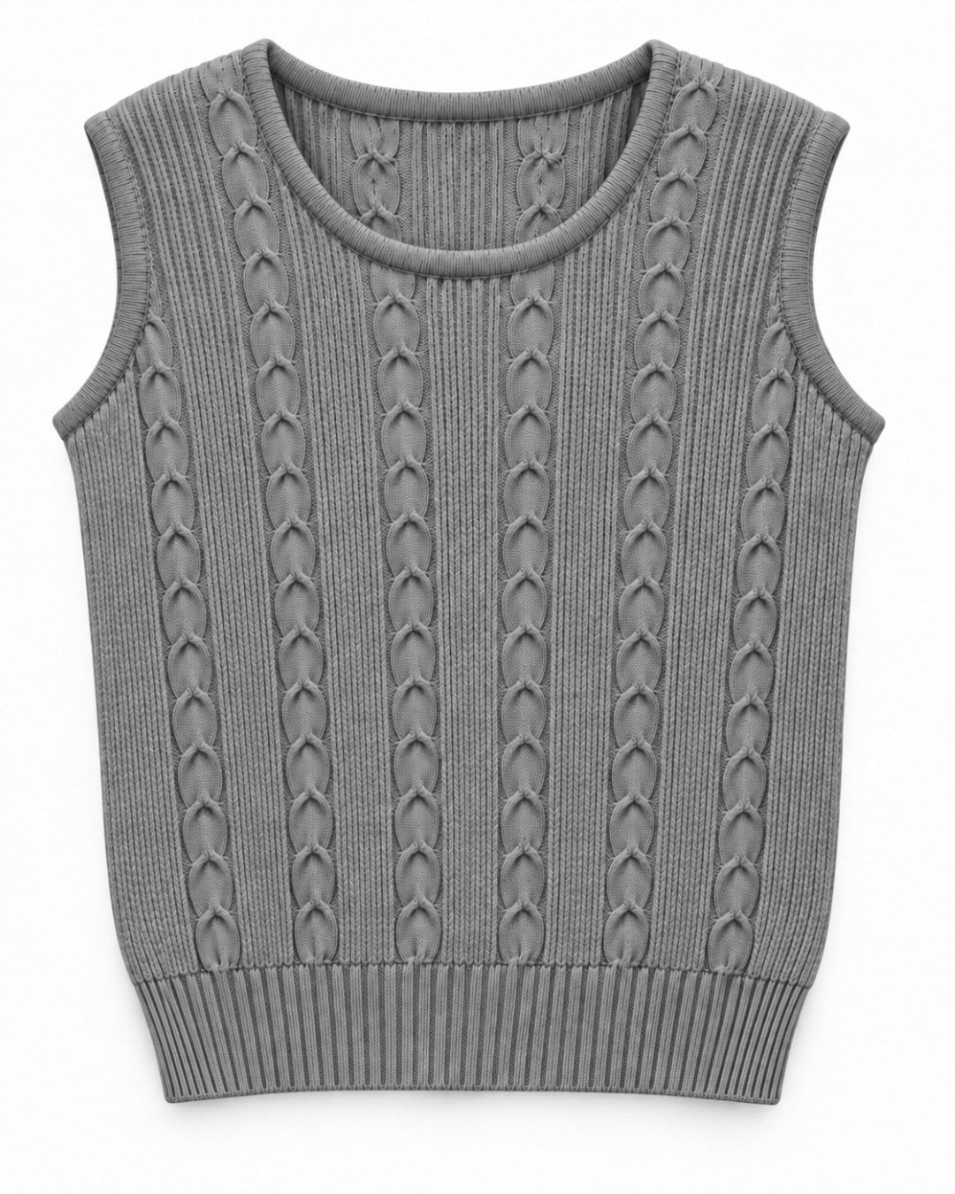 Blusa feminina de tricô sem mangas com textura trançada em relevo