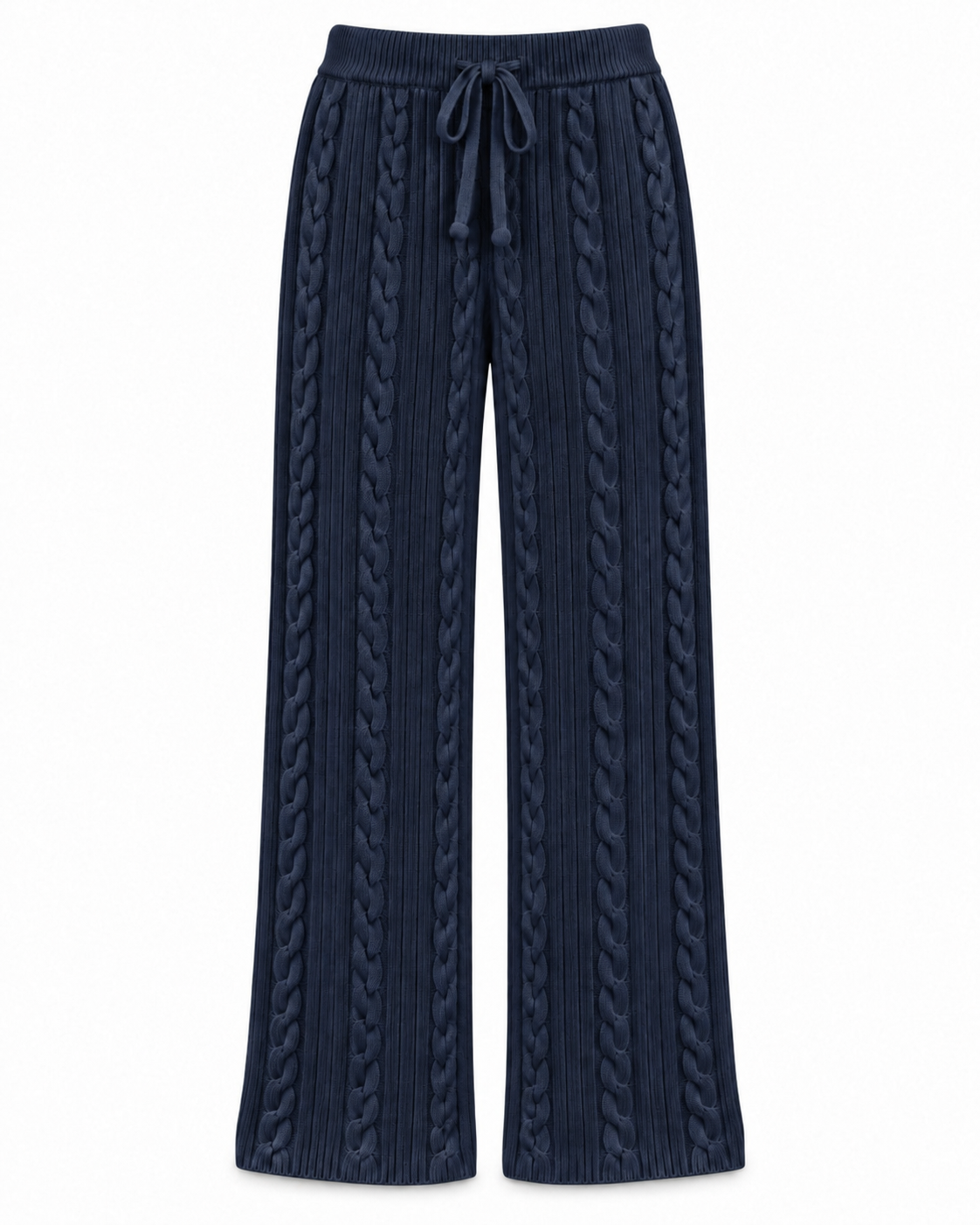 Calça feminina de tricô texturizado com detalhes trançados e modelagem ampla