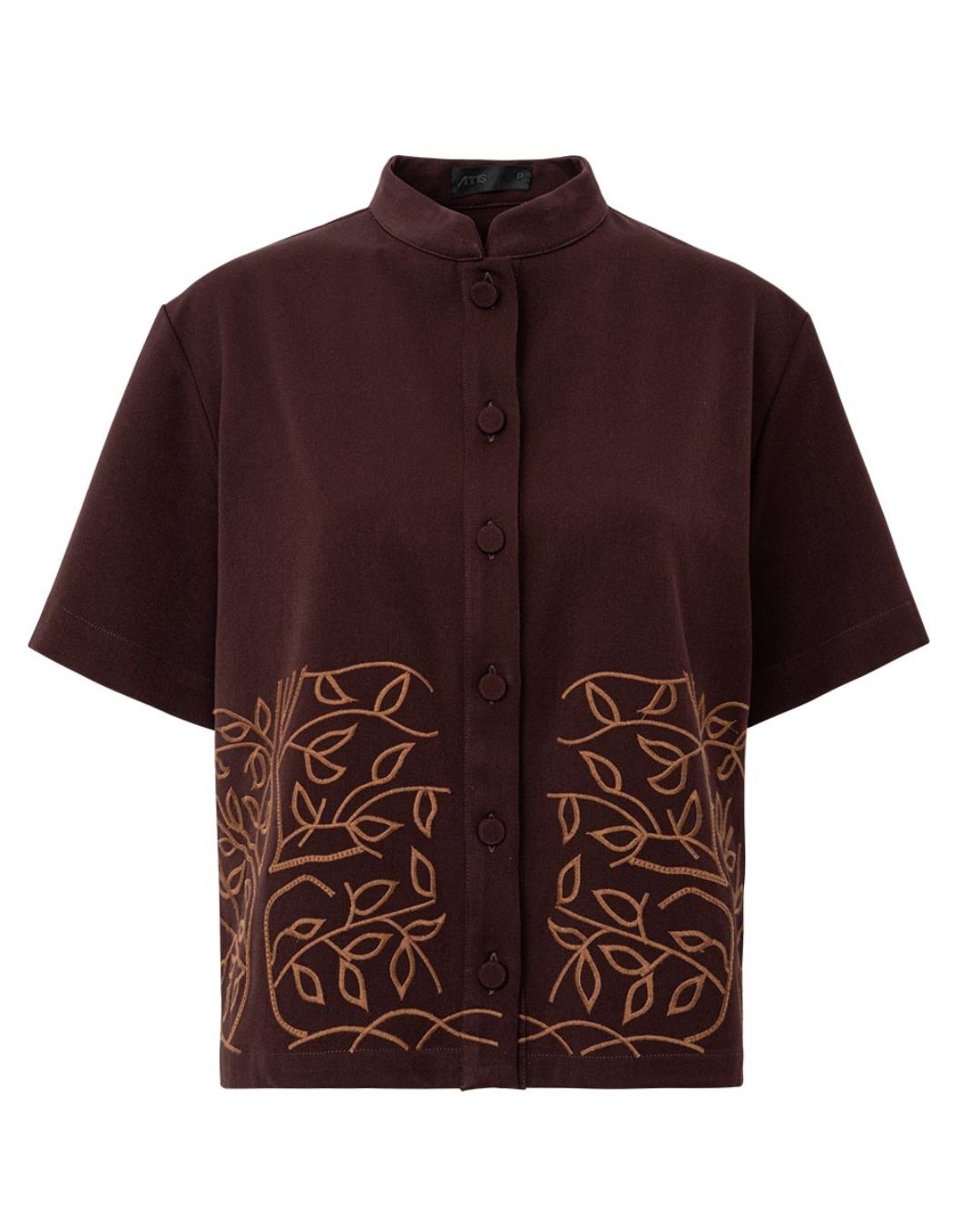 Camisa feminina marrom de manga curta com bordado de folhagens na barra AMMIS