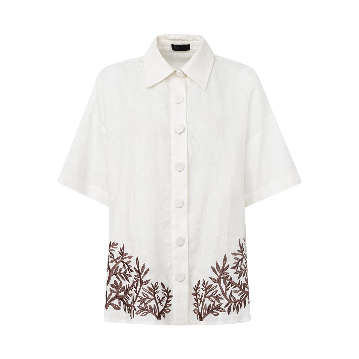 Camisa oversized branca com bordado de folhagens marrom na barra AMMIS