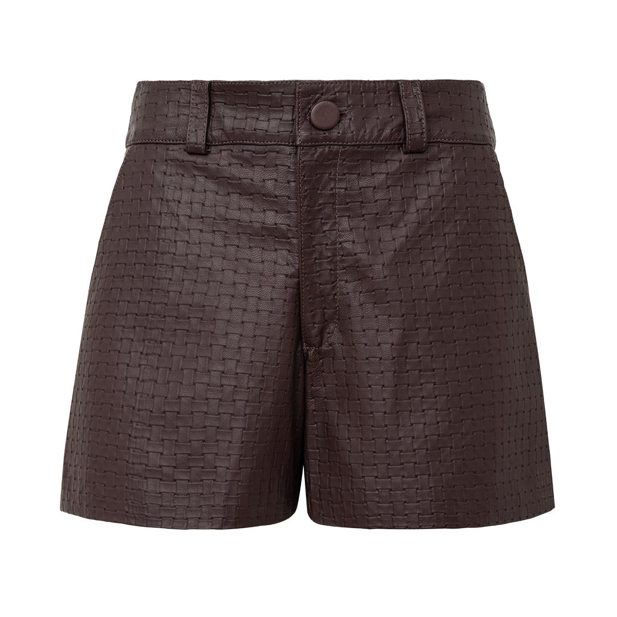 Short feminino marrom em couro de cabra tressê com modelagem reta e cós anatômico AMMIS