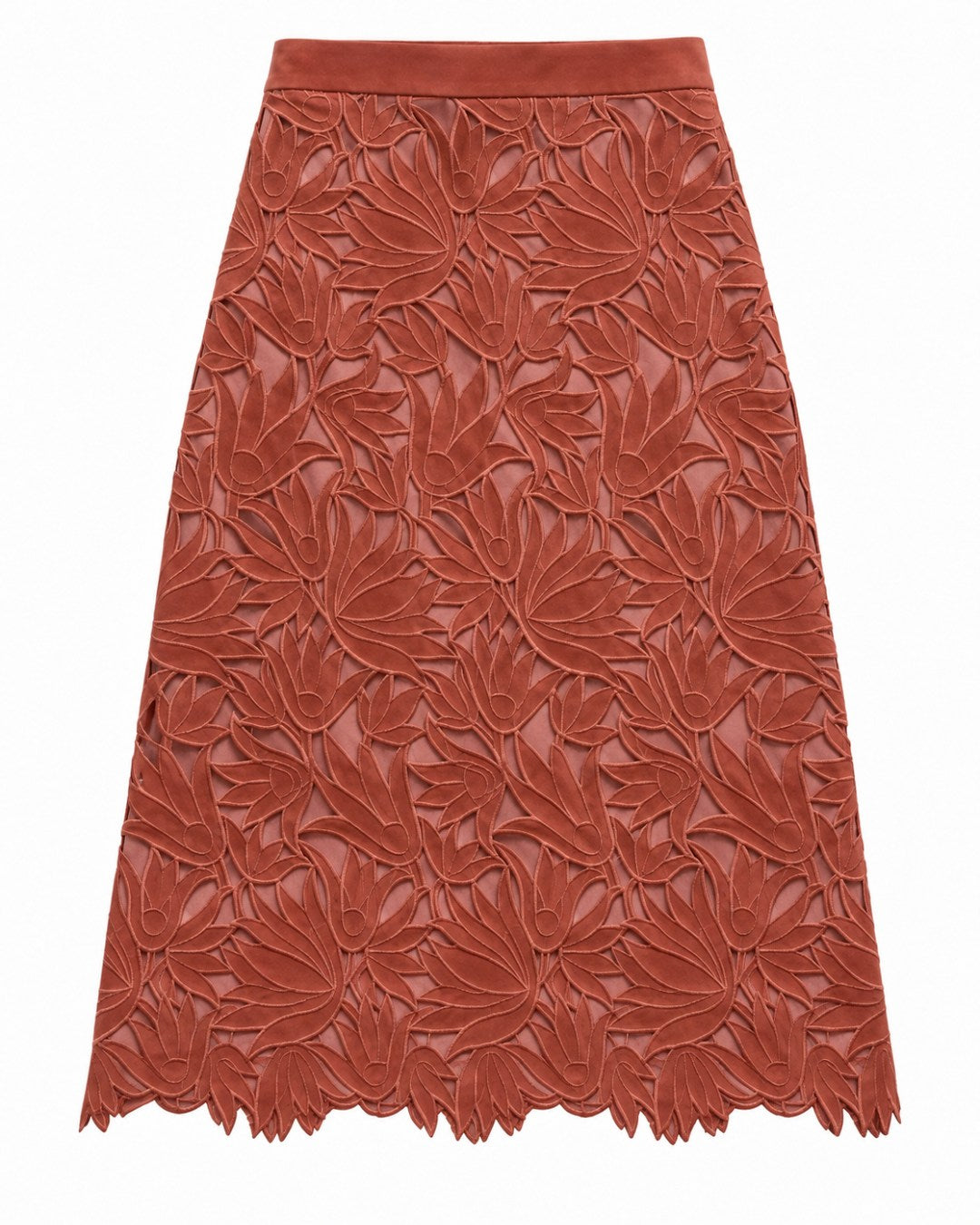 Saia midi feminina em renda floral com barra recortada AMMIS
