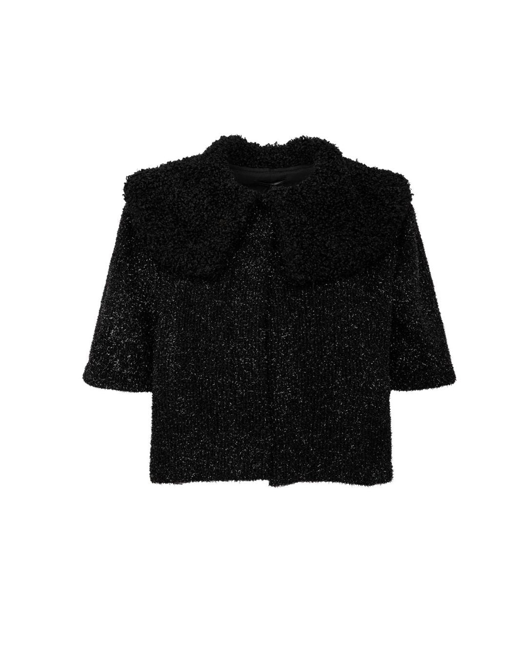 Casaqueto feminino preto de lurex texturizado com gola ampla e mangas curtas AMMIS