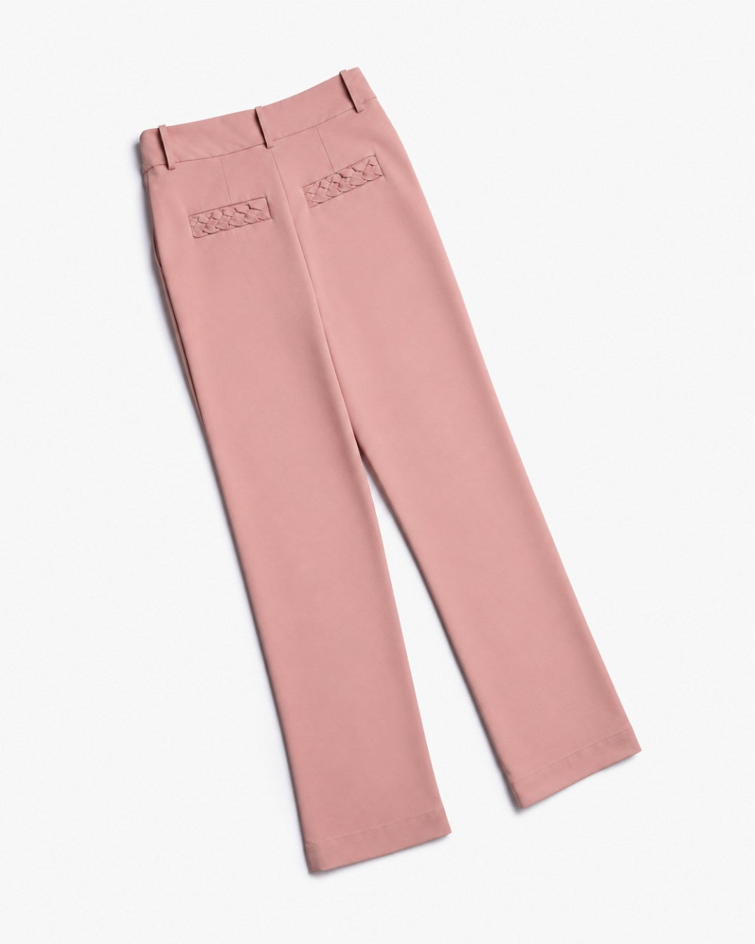 Calça feminina reta de alfaiataria rosa com cós e caimento estruturado