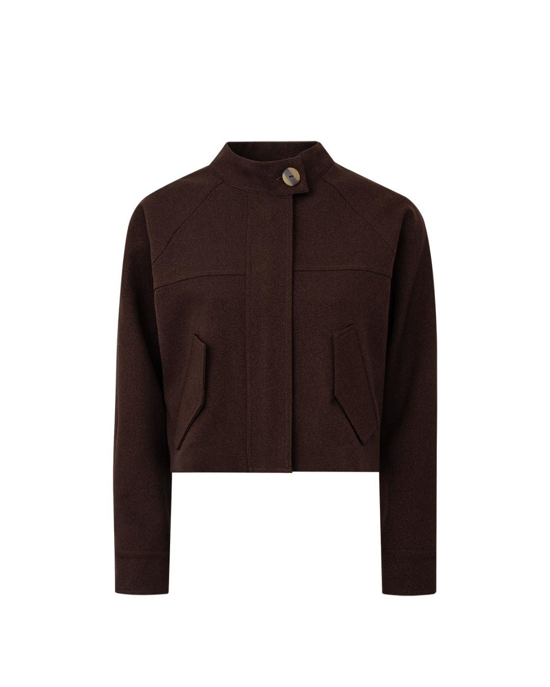 Jaqueta cropped marrom de alfaiataria com gola estruturada e zíper frontal AMMIS
