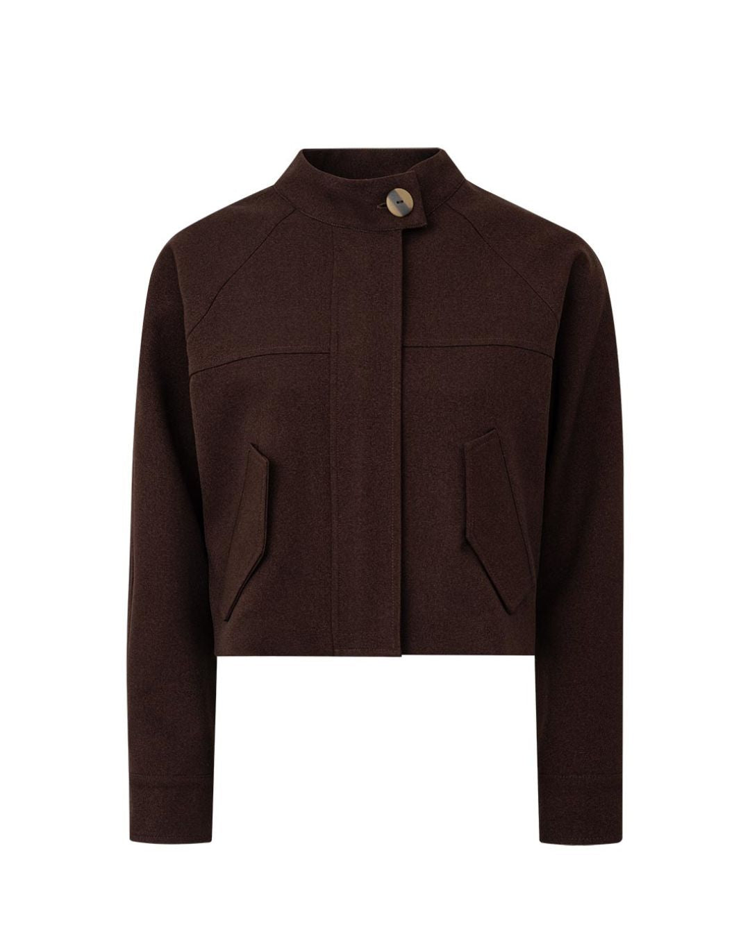 Jaqueta cropped feminina marrom em 100% lã com gola estruturada AMMIS