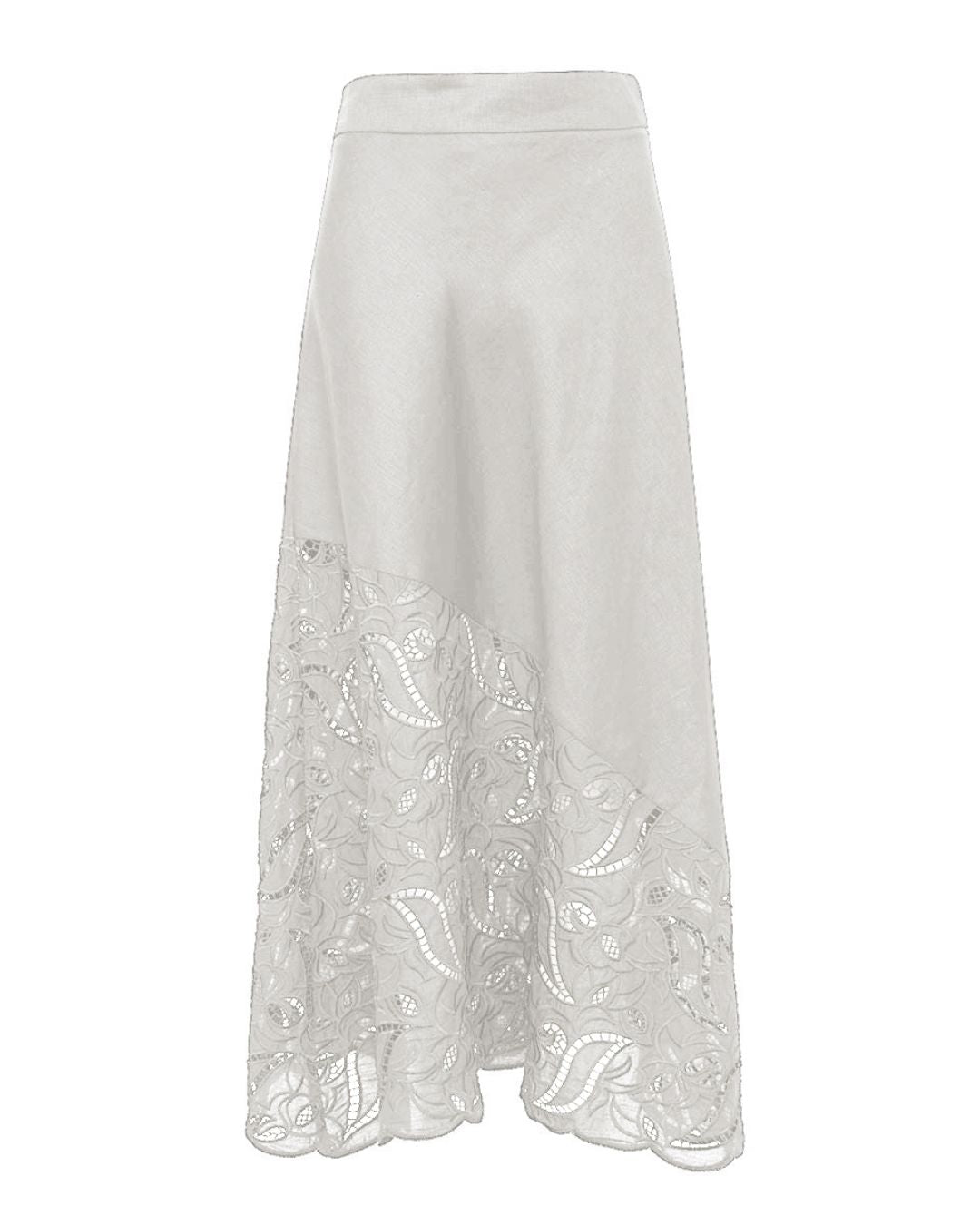 Saia midi feminina off white com recorte diagonal e renda vazada da AMMIS