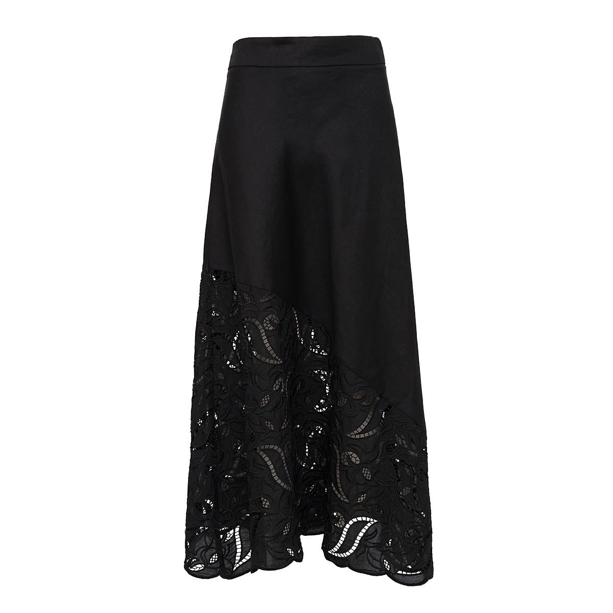 Saia midi feminina off white com recorte diagonal e renda vazada da AMMIS