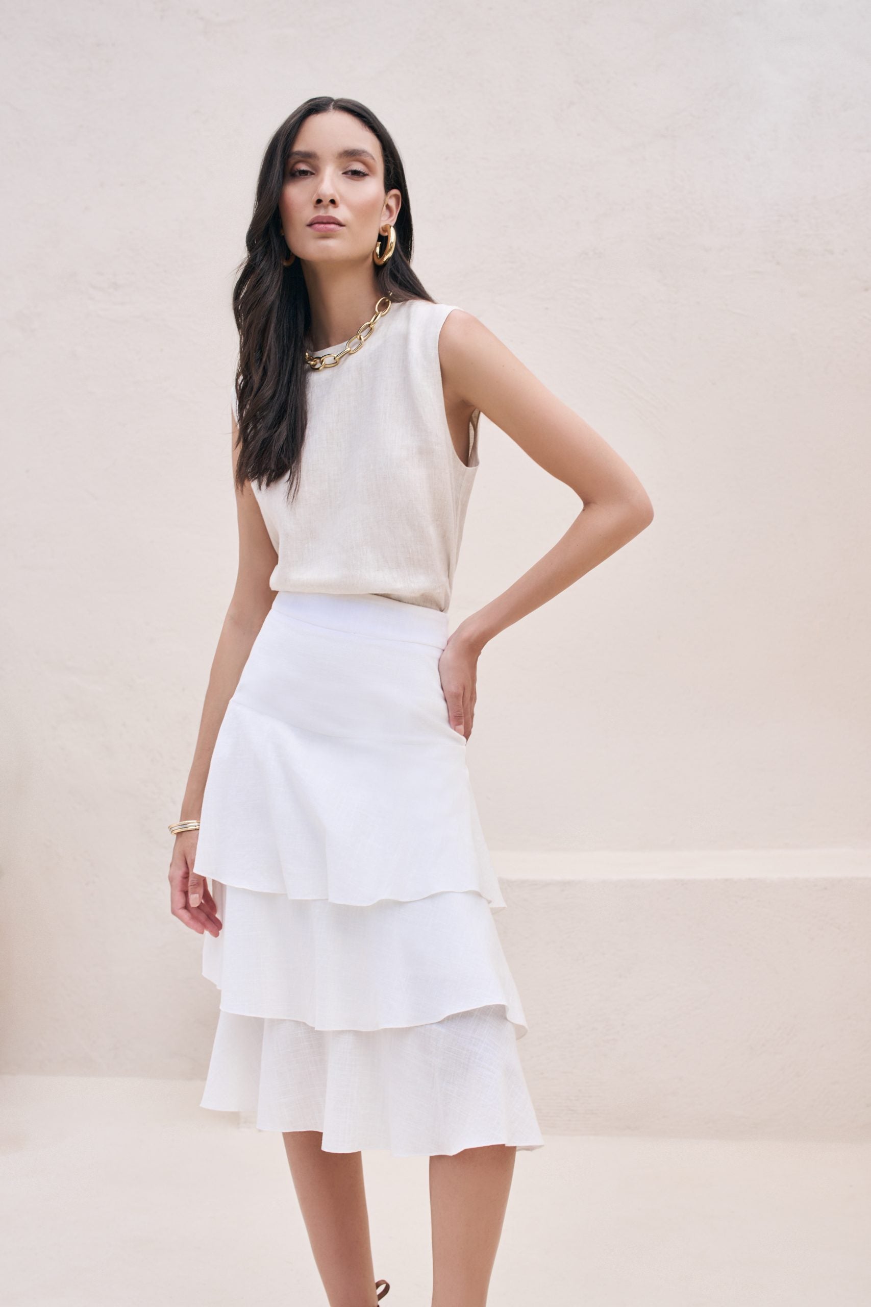 Saia Alice Slub Linho Off ammis moda