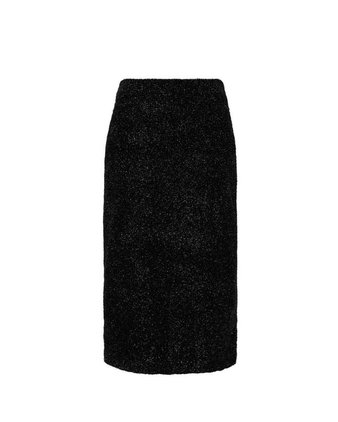 Saia midi feminina preta de lurex com textura brilhante AMMIS