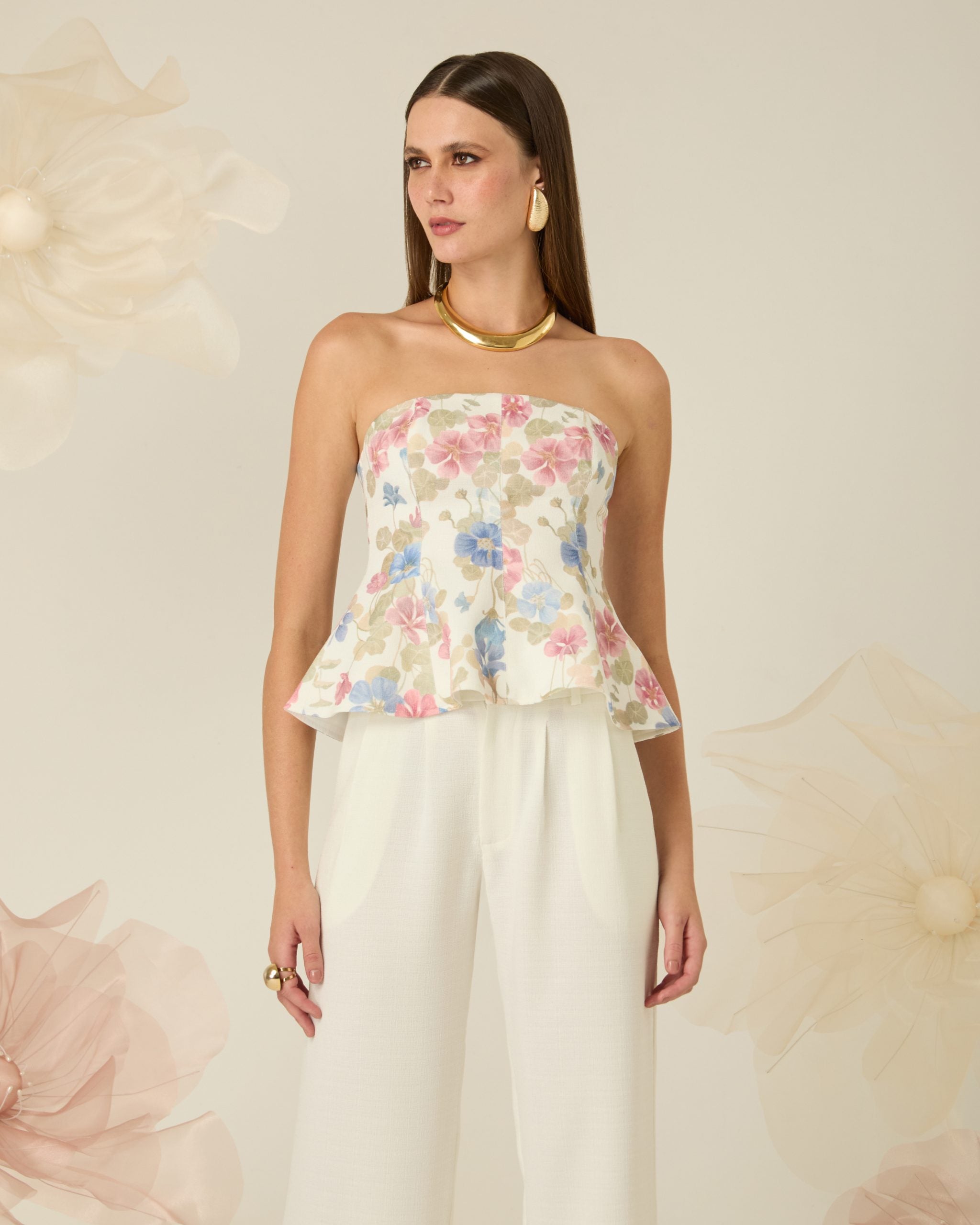 Blusa Simone Peplum Paint Flower Off Ammis Moda
