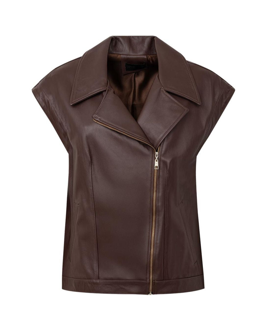 Colete feminino marrom em couro de cabra oversized com cinto AMMIS