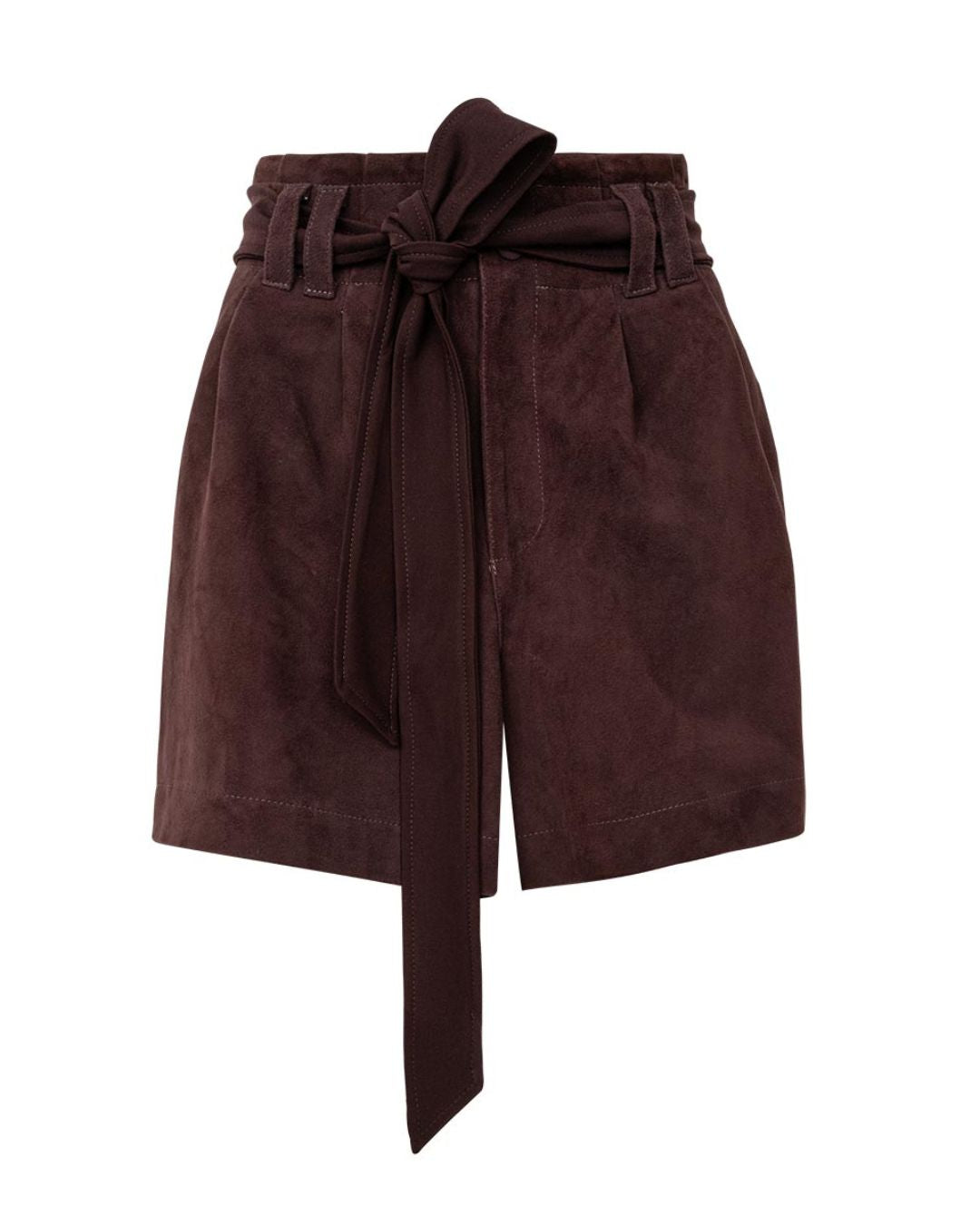 Short clochard feminino em couro chamois com cintura alta e cinto para amarração AMMIS