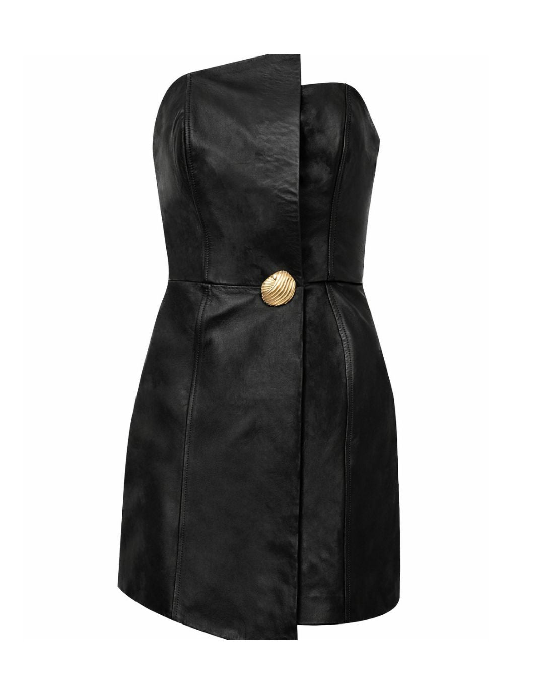 Vestido mini de couro feminino preto tomara que caia com recortes assimétricos e detalhe dourado AMMIS
