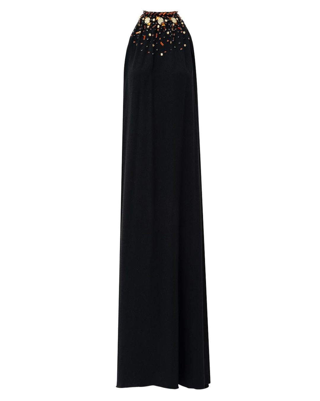 Vestido longo preto frente única com bordado manual em pedraria no colo AMMIS