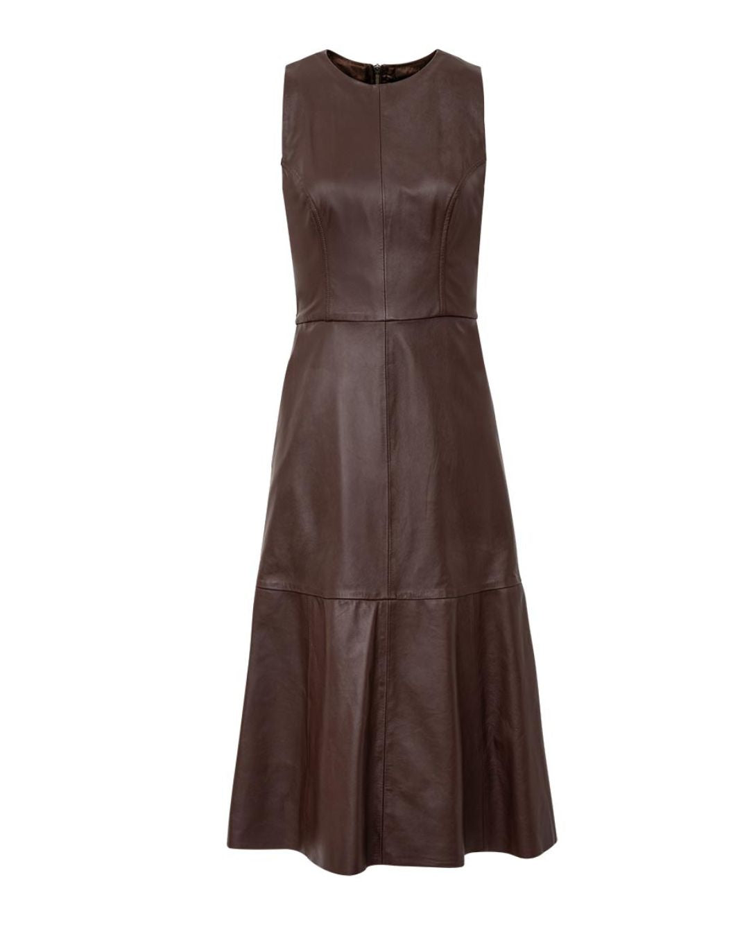 Vestido midi de couro feminino marrom com modelagem godê e decote redondo AMMIS