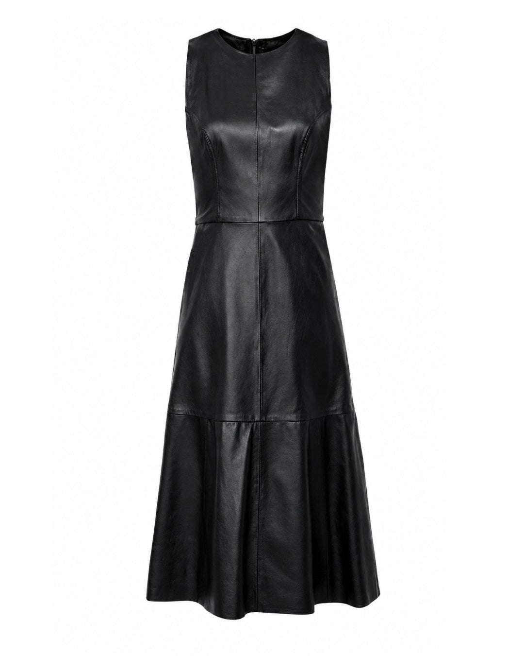 Vestido midi de couro feminino com modelagem godê e decote redondo AMMIS