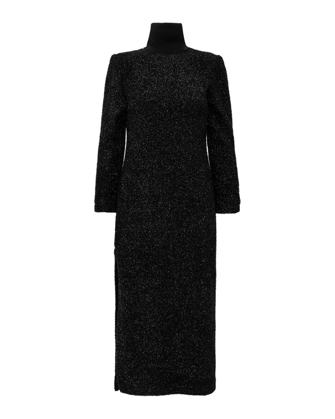 Vestido midi preto de lurex com manga longa, gola alta e fenda lateral AMMIS