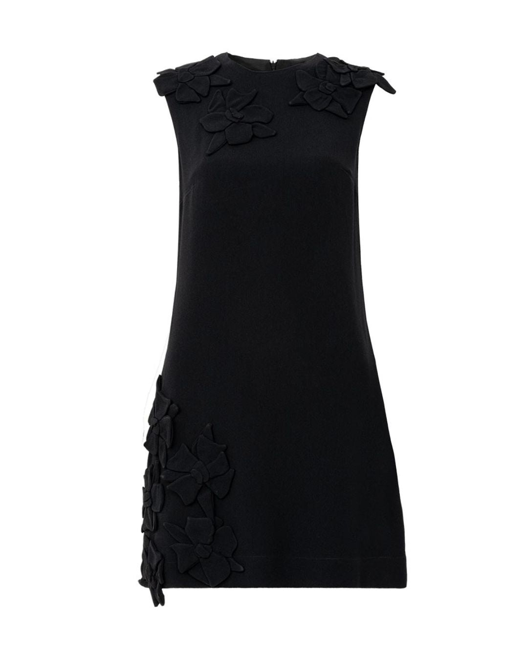 Vestido curto em crepe com aplicações florais no colo e na barra AMMIS