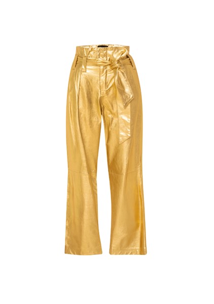 Desperte seu estilo único: Calça Ciana Couro Metalizado Dourado da Ammis Moda!